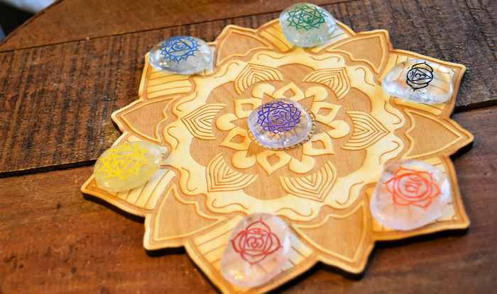 Chakra Clear Quartz Free form pieces with Engraved Symbols and Drawstring Pouch FB1528