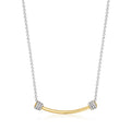 CZ bar necklace with gold curved bar and two square crystal accents, sterling silver chain
