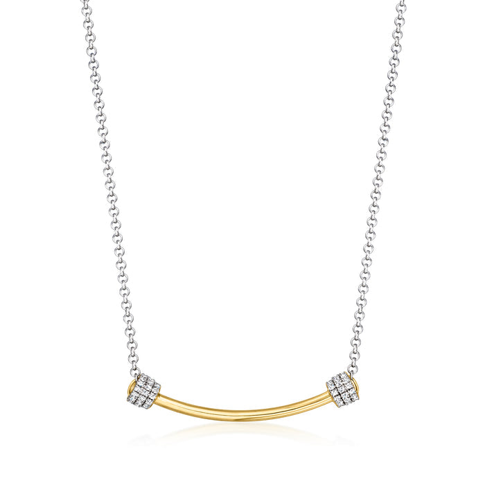 CZ bar necklace with gold curved bar and two square crystal accents, sterling silver chain