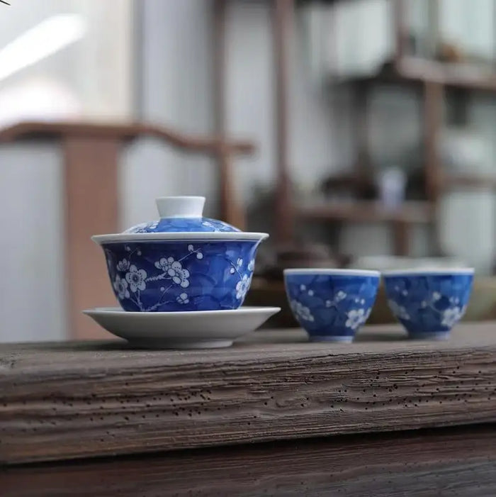 China Blue Porcelain Hand-Painted “Ice Plum Blossom” Gaiwan (150ml / 170ml) / Tea Cup (50ml) - King Tea Mall