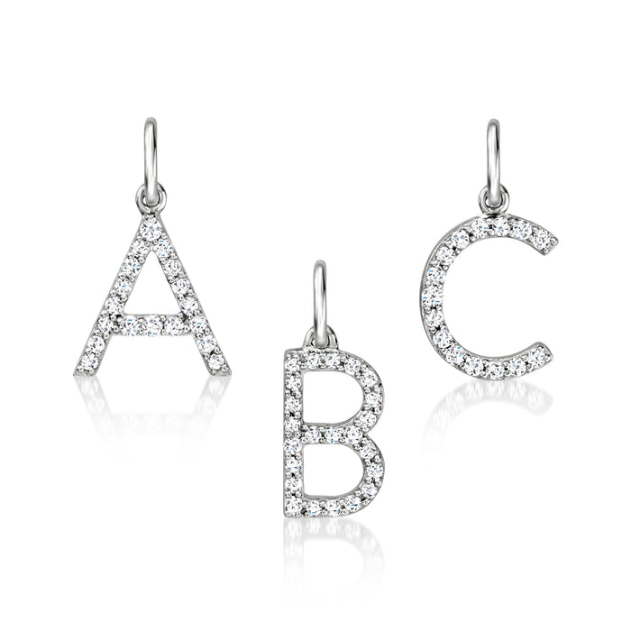 Sterling silver initial charm with diamond-look stones, letters A, B, and C