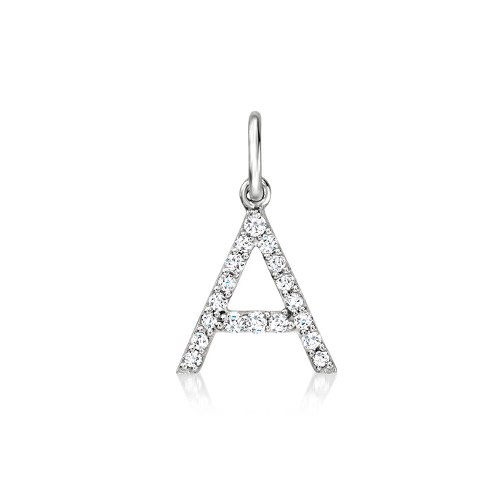 Sterling silver initial charm with diamond-look stones shaped like letter A