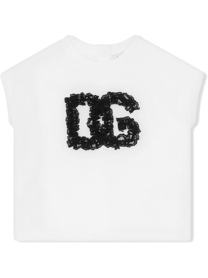 DOLCE & GABBANA BABY Lace-logo cotton top White - MAISONDEFASHION.COM
