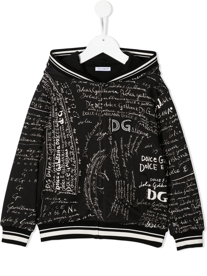 DOLCE & GABBANA KIDS All Over Logo Zipped Hoodie Black - Maison De Fashion