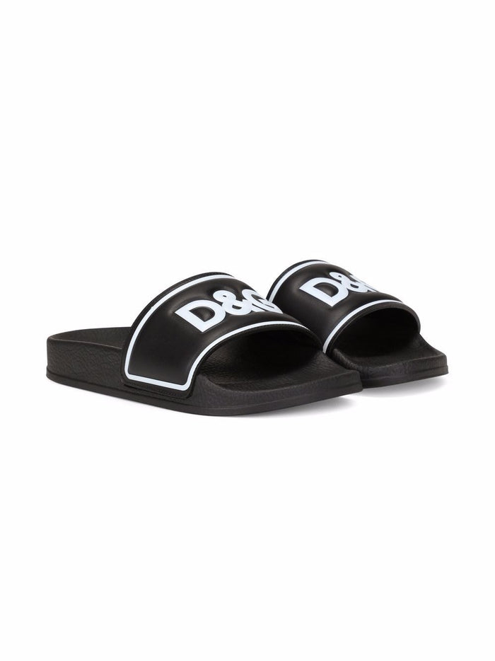 DOLCE & GABBANA KIDS DG Logo Print Slides Black - MAISONDEFASHION.COM