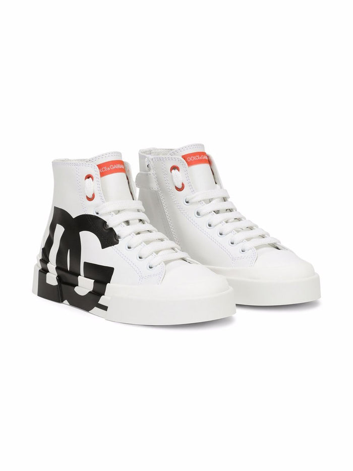 DOLCE & GABBANA KIDS High Top DG Logo Print Sneakers White - MAISONDEFASHION.COM
