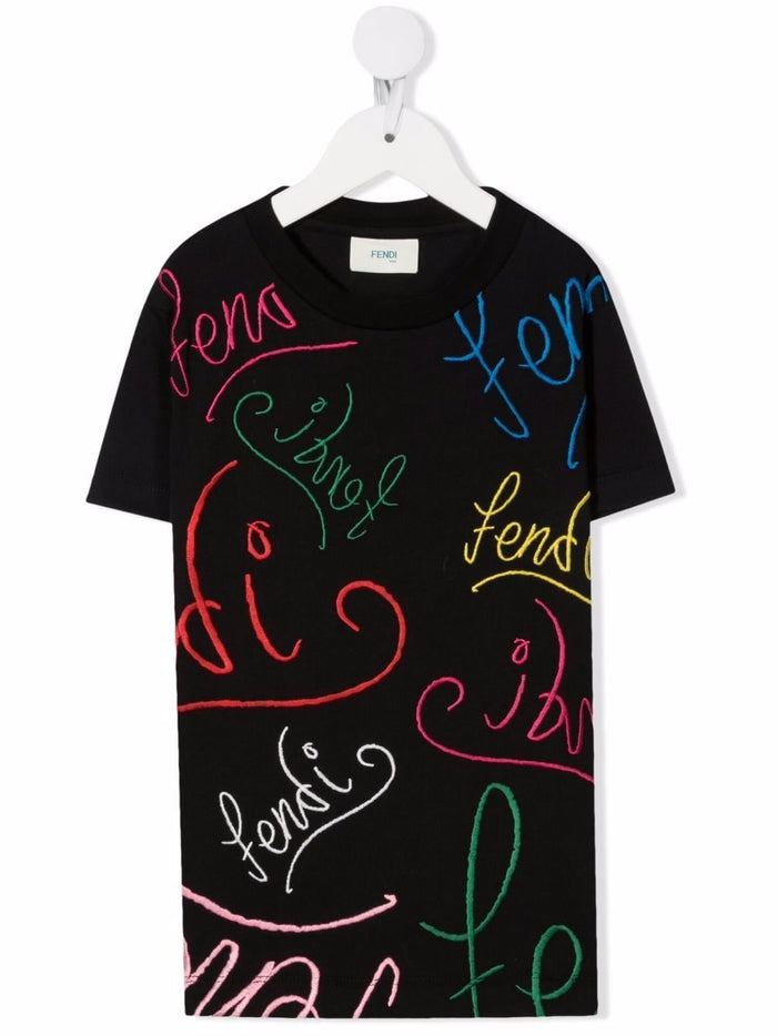 FENDI KIDS Logo Embroidered T-Shirt Black - MAISONDEFASHION.COM