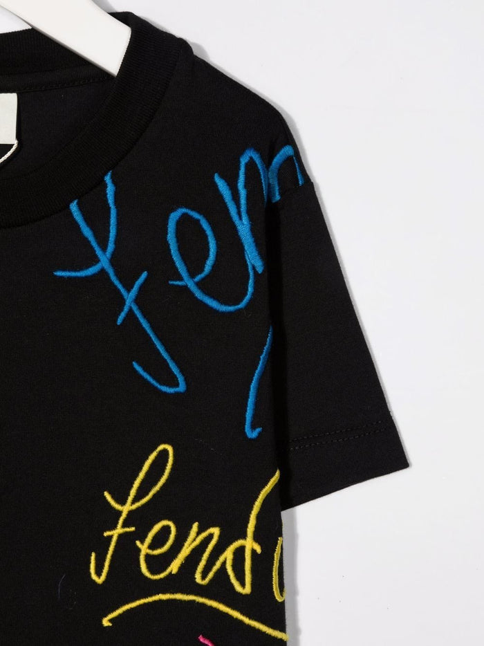 FENDI KIDS Logo Embroidered T-Shirt Black - MAISONDEFASHION.COM