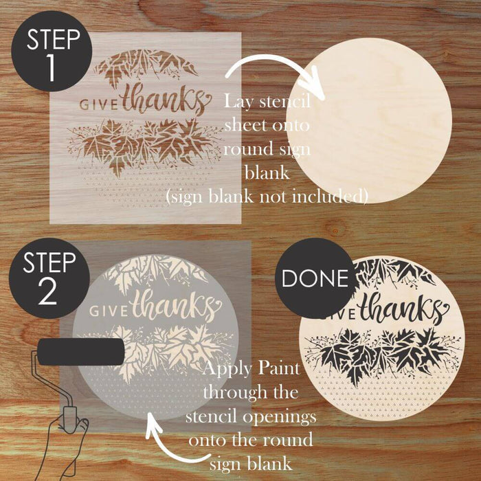 Step-by-step process for using a decorative stencil to create a 'Give Thanks' round sign.
