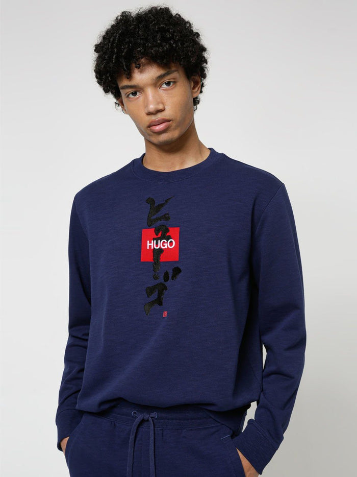 HUGO Square Logo Sweatshirt Blue - MAISONDEFASHION.COM