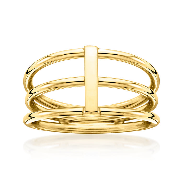 Yellow gold three-row bar ring with raised central bar design