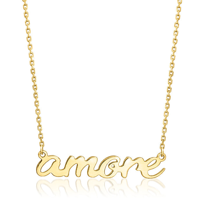 14kt yellow gold necklace with “amore” cursive pendant and link chain
