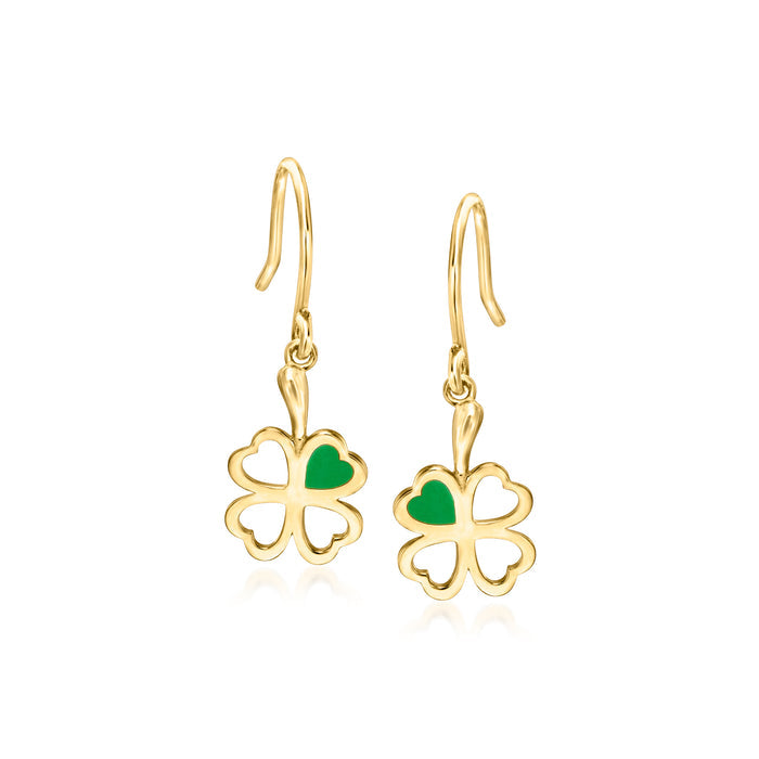 Shamrock drop earrings in 14kt yellow gold with green enamel, hoop earwires
