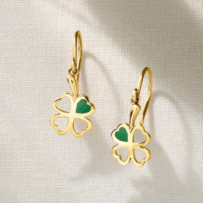 Shamrock drop earrings in 14kt yellow gold with green enamel, curved earwire