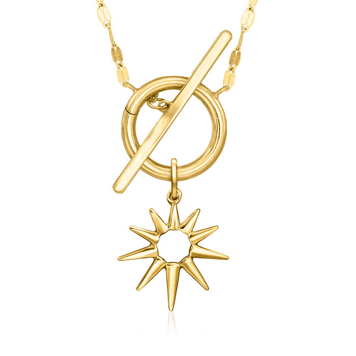 14kt yellow gold sun charm hanging from gold ring-and-bar necklace