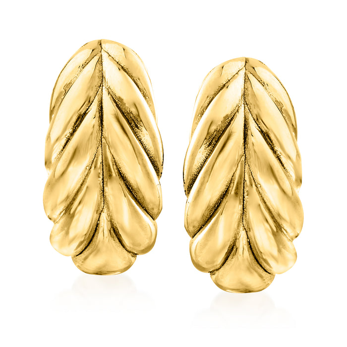 Gold-tone leaf earrings with textured teardrop shape, front view of pair
