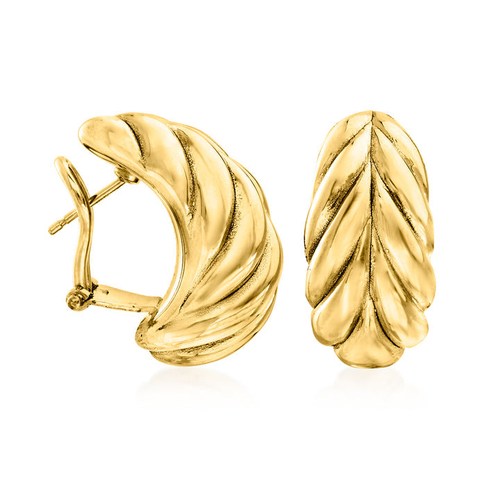 Gold-tone leaf earrings with post backs, angled view of pair