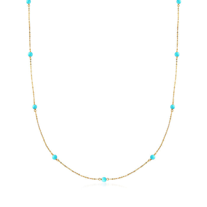 Turquoise bead station necklace with 14kt yellow gold chain and small round blue beads