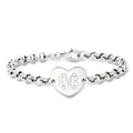 Sterling silver heart charm bracelet with engraved monogram initials and link chain.