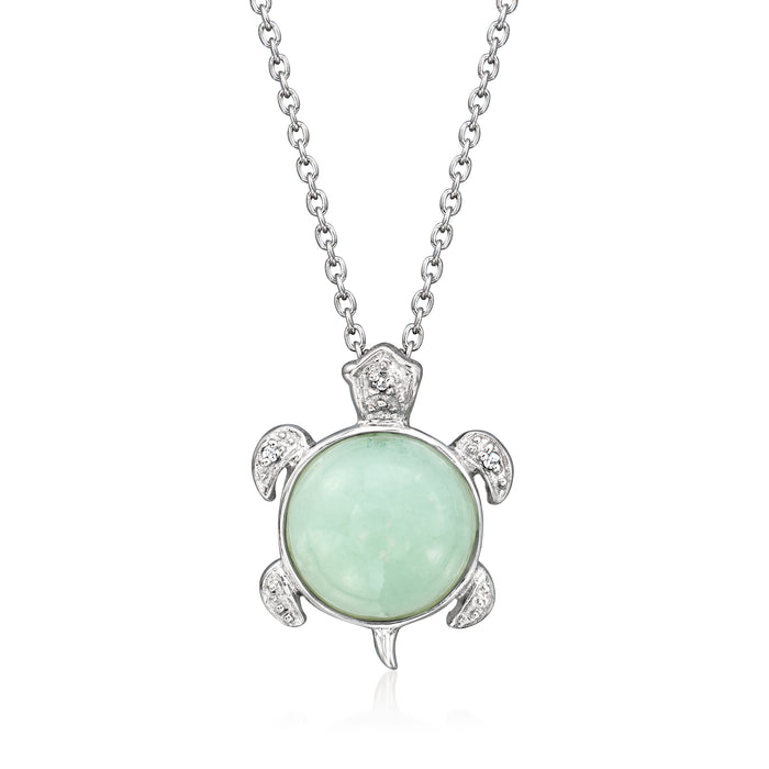 Sterling silver turtle pendant necklace with jade green gemstone and diamond accents