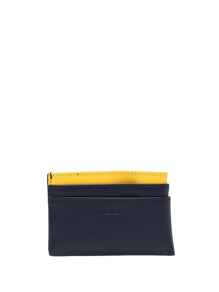 KENZO Logo-patch leather cardholder Navy Blue/ Yellow - MAISONDEFASHION.COM
