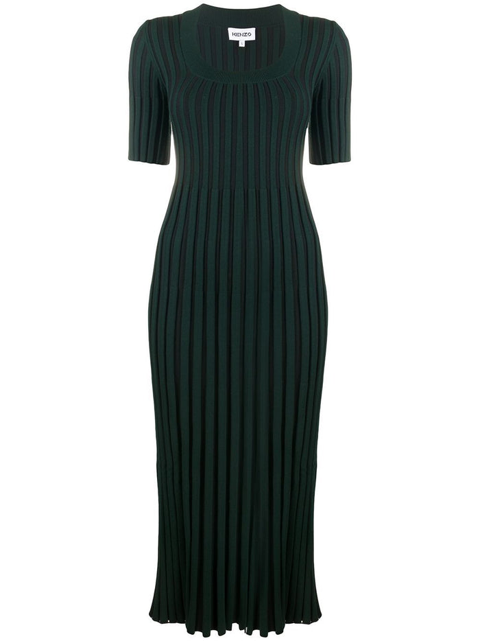 KENZO WOMEN Pleated Ribbed Dress Dark Green - Maison De Fashion