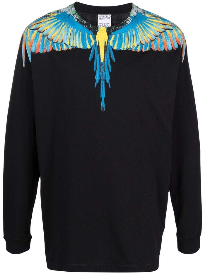 MARCELO BURLON Long Sleeve Wings Print Cotton T-Shirt - MAISONDEFASHION.COM