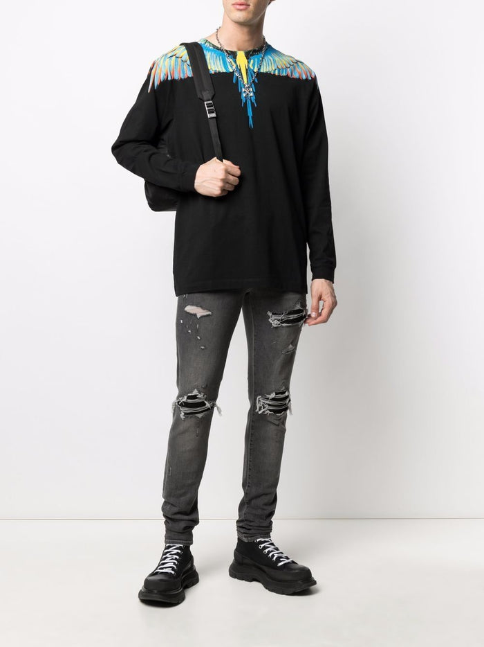 MARCELO BURLON Long Sleeve Wings Print Cotton T-Shirt - MAISONDEFASHION.COM