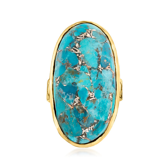 Oval turquoise ring in 18kt gold over sterling, silver-toned veining web setting