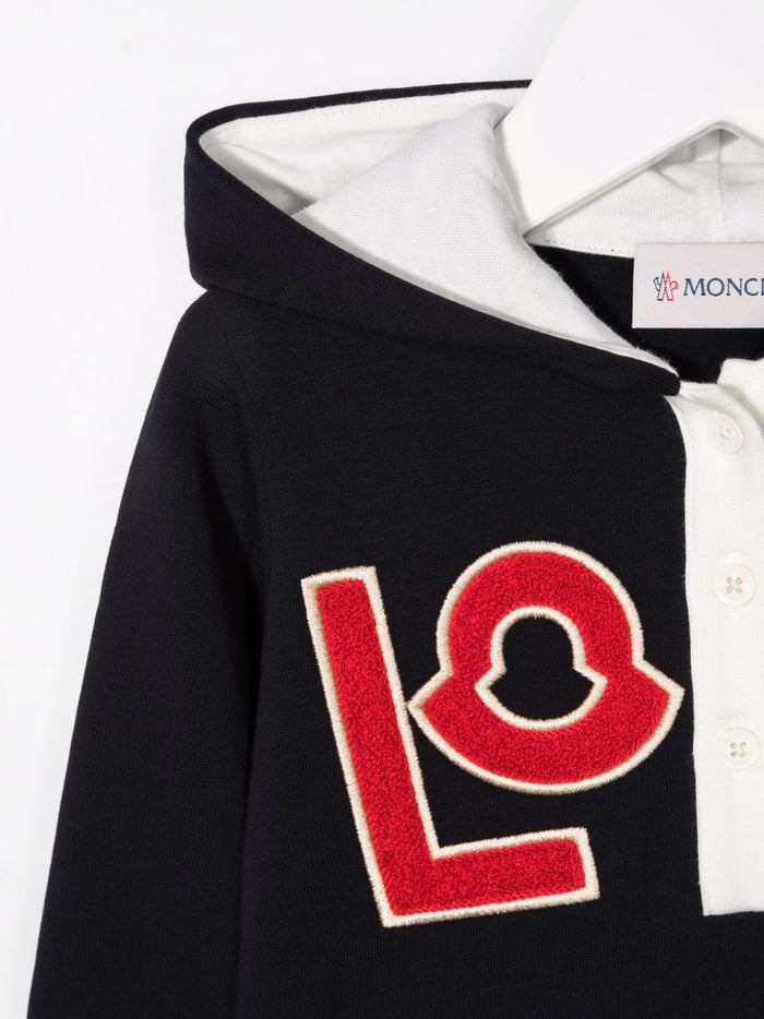 MONCLER BABY Slogan-embroidered hooded dress Navy - MAISONDEFASHION.COM