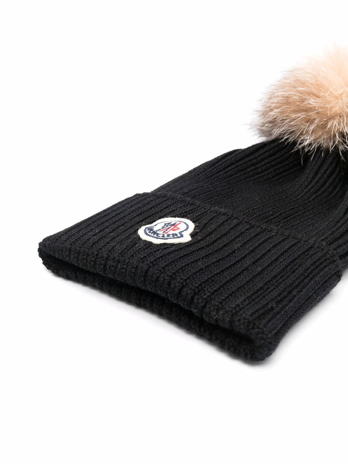 MONCLER KIDS Ribbed-knit pompom beanie Black - MAISONDEFASHION.COM