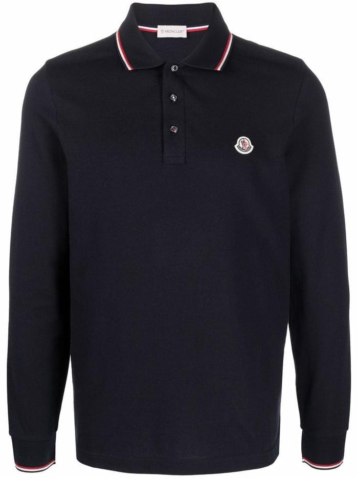 MONCLER Logo Patch Long Sleeved Polo Shirt Navy - MAISONDEFASHION.COM