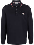 MONCLER Logo Patch Long Sleeved Polo Shirt Navy - MAISONDEFASHION.COM