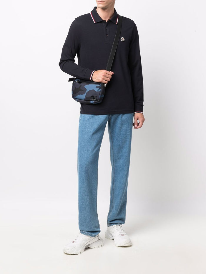 MONCLER Logo Patch Long Sleeved Polo Shirt Navy - MAISONDEFASHION.COM