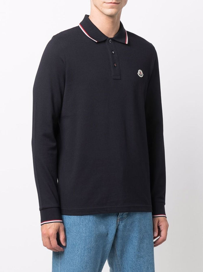 MONCLER Logo Patch Long Sleeved Polo Shirt Navy - MAISONDEFASHION.COM