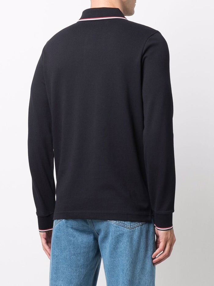 MONCLER Logo Patch Long Sleeved Polo Shirt Navy - MAISONDEFASHION.COM