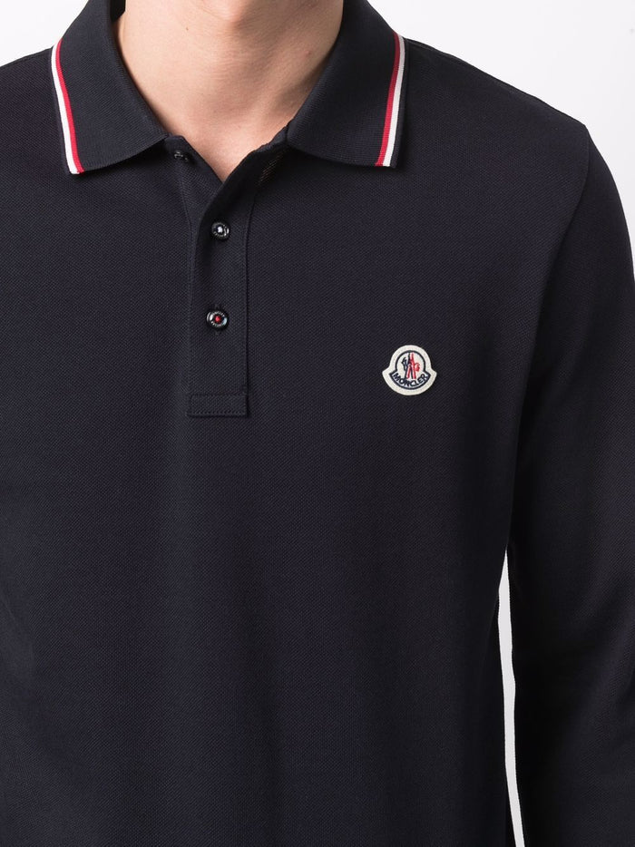 MONCLER Logo Patch Long Sleeved Polo Shirt Navy - MAISONDEFASHION.COM
