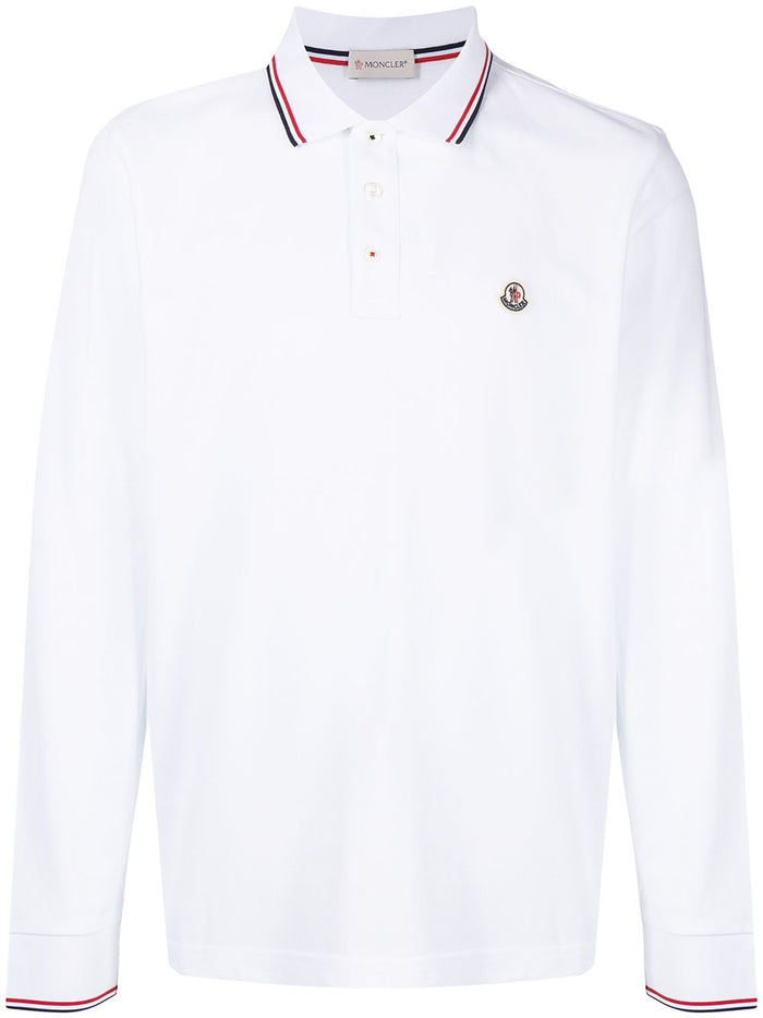 MONCLER Logo Patch Long Sleeved Polo Shirt White - MAISONDEFASHION.COM