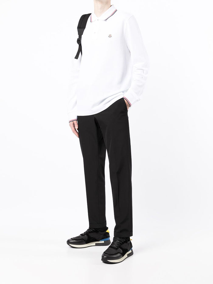 MONCLER Logo Patch Long Sleeved Polo Shirt White - MAISONDEFASHION.COM