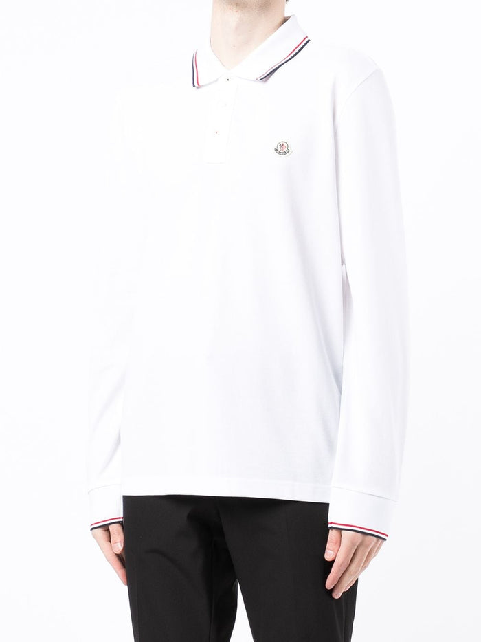 MONCLER Logo Patch Long Sleeved Polo Shirt White - MAISONDEFASHION.COM