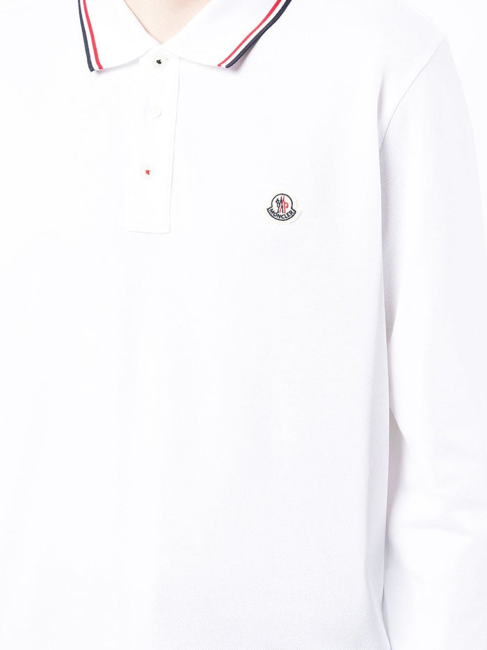 MONCLER Logo Patch Long Sleeved Polo Shirt White - MAISONDEFASHION.COM
