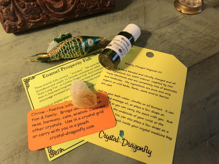 Money Silver and Gold Magickal Oil and Prosperity Fish Collection with Citrine Point, FB2586