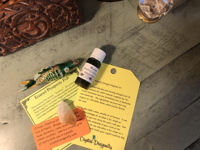 Money Silver and Gold Magickal Oil and Prosperity Fish Collection with Citrine Point, FB2586