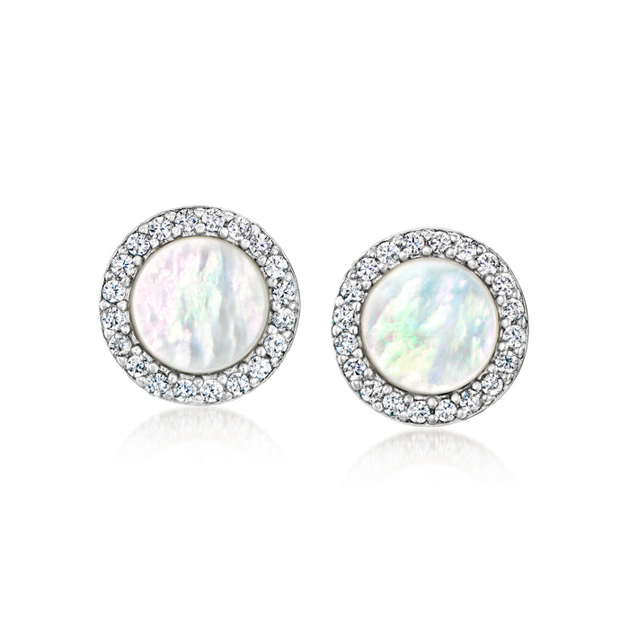 Mother-of-Pearl CZ halo stud earrings, sterling silver round posts