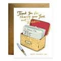 Greeting card with illustration of a recipe box by Good Juju saying Thank you for sharing your love and wisdom at the top and Happy Mother's Day at the bottom.