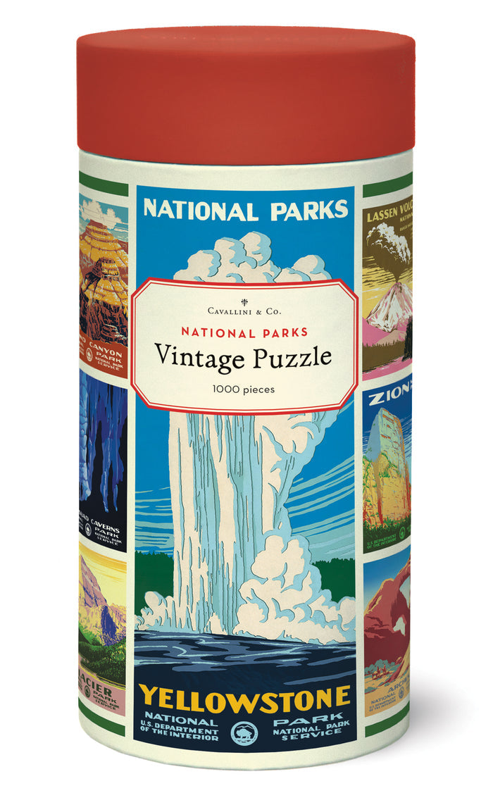 National Parks Posters Puzzle box showing vintage images of national parks presented in a cylinder tube with a red top.