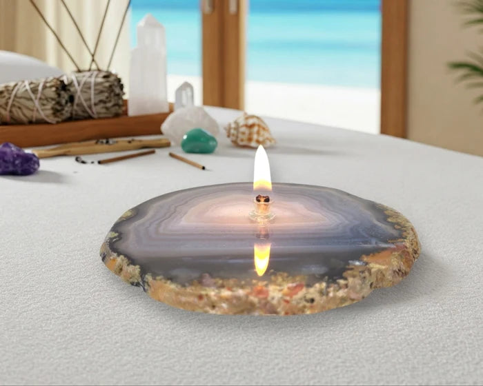 Natural Agate Oil Candle with Forever Wick, Spa Gift Box, and Natural Lamp Oil 💚 FB2350