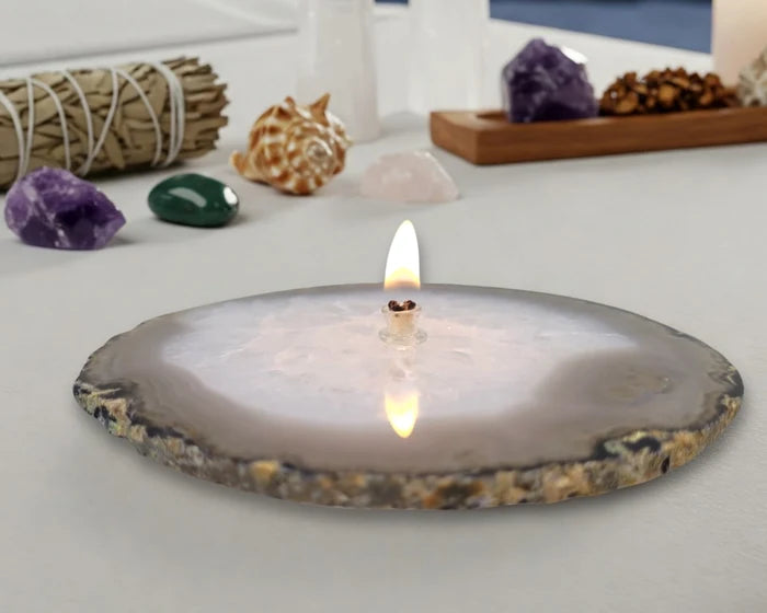 Natural Agate Oil Candle with Forever Wick, Spa Gift Box, and Natural Lamp Oil 💚 FB2350