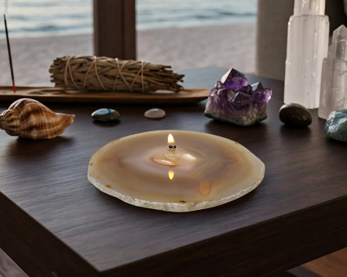 Natural Agate Oil Candle with Forever Wick, Spa Gift Box, and Natural Lamp Oil 💚 FB2350