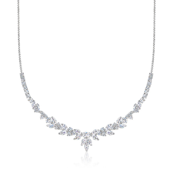Rhodium-plated floral CZ necklace with teardrop stones and central flower pendant